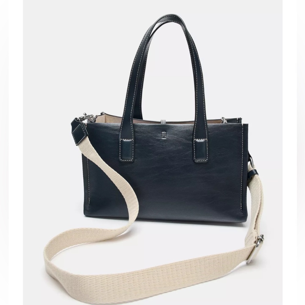 Zara NWT dark navy blue top handle faux leather shopper bag removable straps - Picture 3 of 6